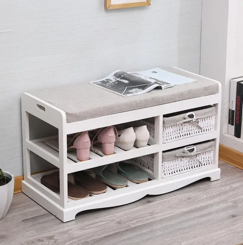 Contemporary Wooden Shoes Organizer Storage and Holder Bench with Soft Seat Cushion for Home Entryway, Hallway Shoe Rack Ottoman