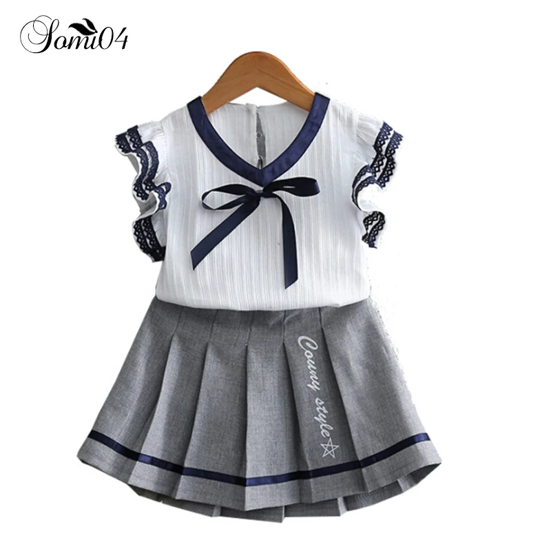 

Kids Clothes For Girls 2018 Summer College Sets 2Pcs White Top + Grey Pleated Skirt School Style Girls 2 3 4 5 6 7 Years Outfits