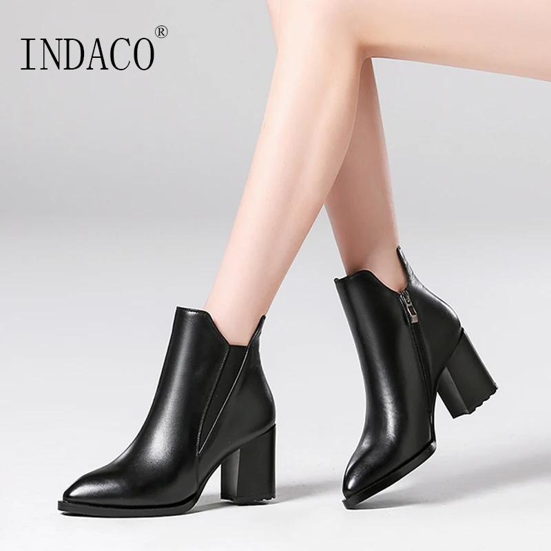 

2018 Women Ankle Boots Black Brown Leather Thick High Heel Shoes 7cm Winter Boots Women