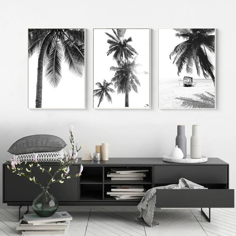 Nordic Tropical Palm Tree Canvas Painting Black White Beach Poster Print Landscape Wall Art Picture for Living Room Home Decor | Дом и сад