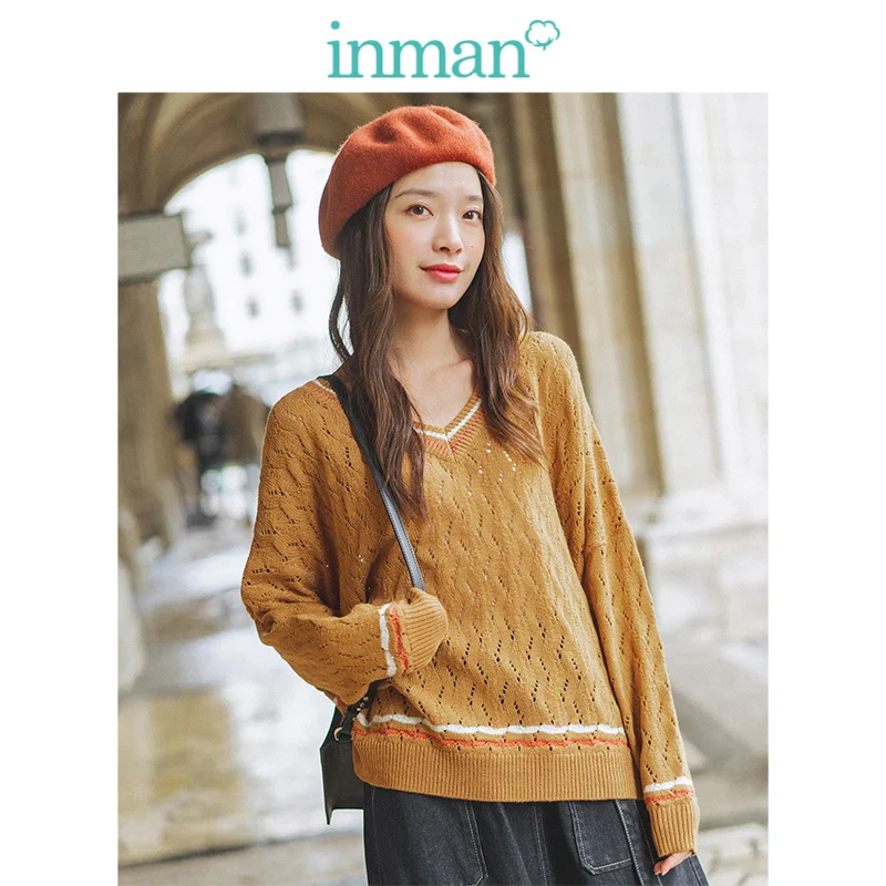 

INMAN 2019 Autumn New Arrival Contrast Ribbing V-neck Retro Lace Jacquard Literary Women Pullover