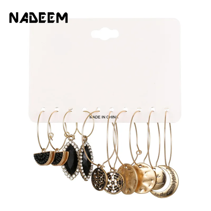 Ретро выгравированы монета Луны Lover серьги-гвоздики комплекты Винтаж 5 пар/компл. Античная золотая медаль вечерние Для женщин серьги классические украшения
