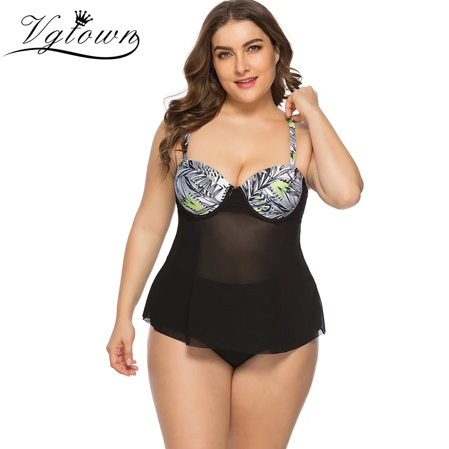 

2019 New Super Plus Size 8XL Swimwear Dress Women Push Up Tankini Set Mesh Two Piece Bathing Suit