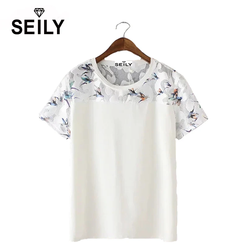 Лето 2017 г. плюс размер белая птица цветочным принтом выдалбливают сетки