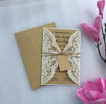 

Vintage Laser Cut Ivory Wedding Invitation Cards With String Rope, Customized Marriage Invitations Card,100PCS, Express Shipping