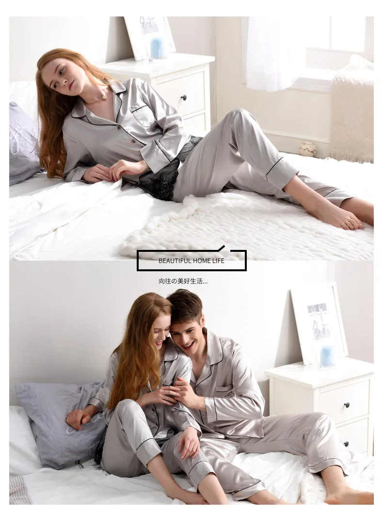CherLemon бренда пижамы пара весна Роскошный шелковый атлас пижамы Для женщин кружева вышивки подол Домашняя одежда мужская пыль серый Sleep Set