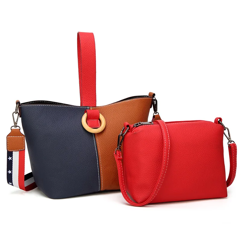 

Messenger Bags For Women 2019 Fashion Two Pieces Sets Splice Women Leather Handbags Two Straps High Quality Female Shoulder Bag