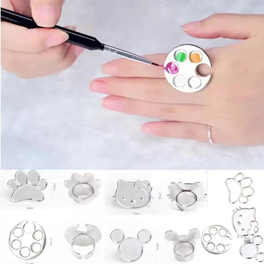 

4 Styles Mini Nail Art Color Palette Eyelash Grafting Plate Alloy Nail Art Tool Finger Ring Mixing Color Palette Painting Polish