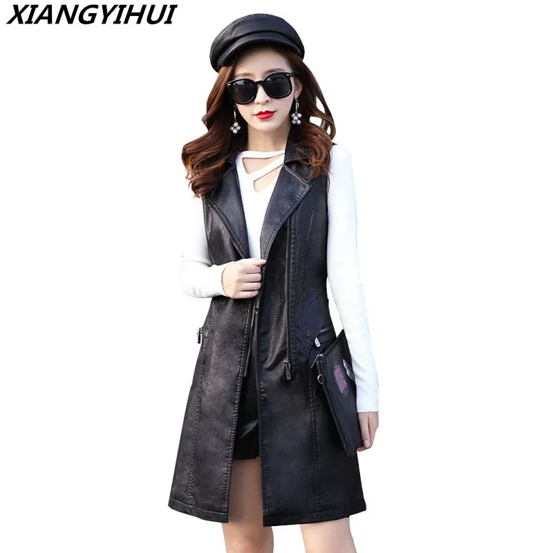 

Plus Size 3XL 2018 High Quality PU Leather Women's Vest Long Top Leather Trench Coat Female Waistcoat for Women Feminine jacket