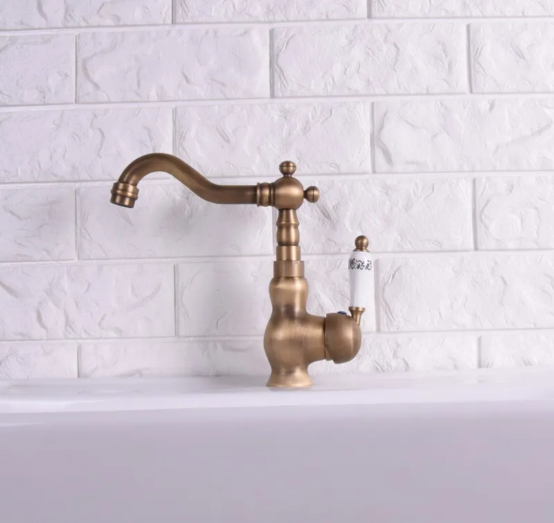 Vintage Retro Antique Brass Single Handle One Hole Bathroom Kitchen Basin Sink Faucet Mixer Tap Swivel Spout Deck Mounted msf120