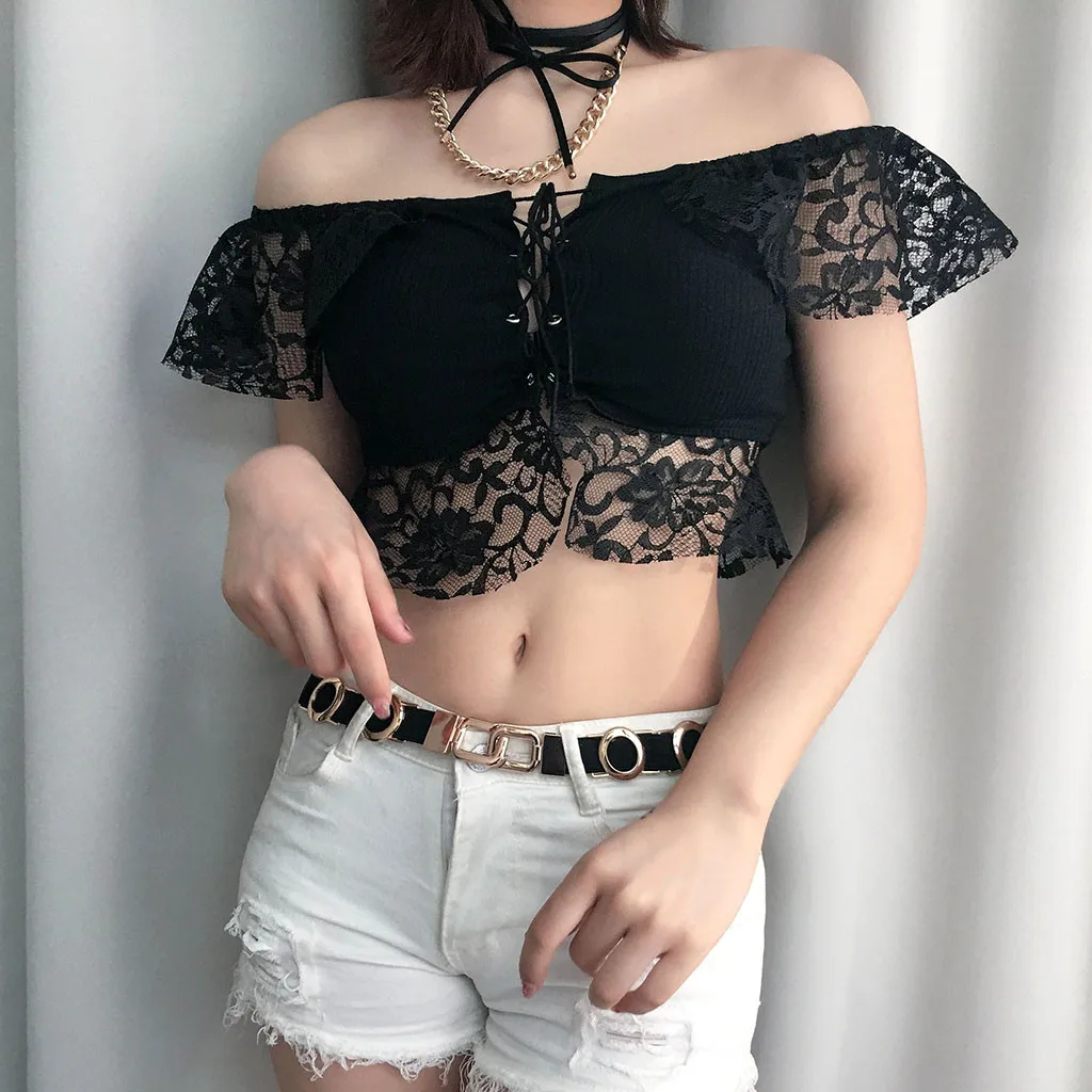Футболка femme Сексуальная кружевная полая из Для женщин Мода Повседневное короткий рукав высокий завернутый воротник принтом Короткие Топы футболка Летняя мода# G6