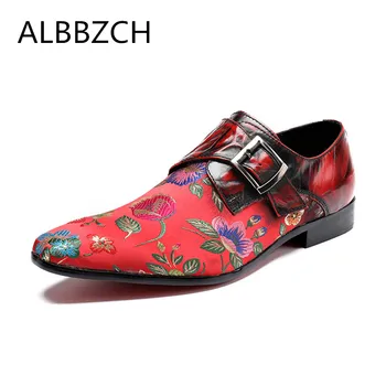 

New fashion buckle embroidered leather casual shoes men black red pointed toe wedding photography shoes mens career work shoes