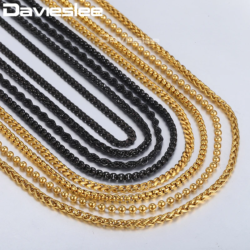 

Davieslee Mens Womens Necklace Gold Black Stainless Steel Braided Wheat Curb Cuban Link Chain Necklace Dropshipping 2018 DKNN3