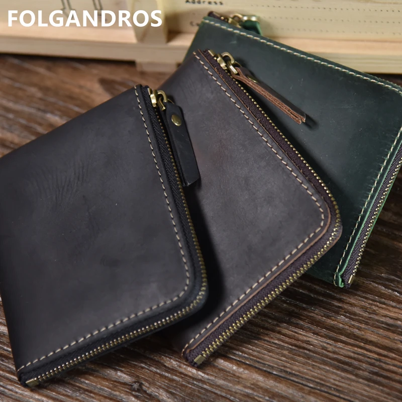 

2019 NEW Cowhide Short Wallet Handmade Vintage Crazy Horse Leather Zipper Coin Purse Brand High Quality Card Holder Wallets