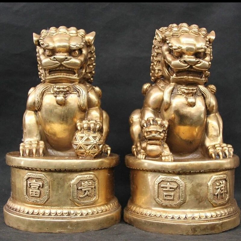 

8800634<<<12" Brass Door Fu Foo Dog Guardion Lion Ball Son Auspicious Statue Pair