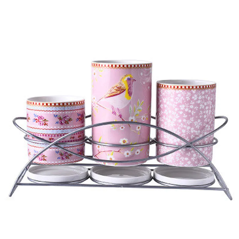  Ceramic chopsticks tube three tube chopsticks holder kitchen supplies storage rack chopsticks drain - 32919608586