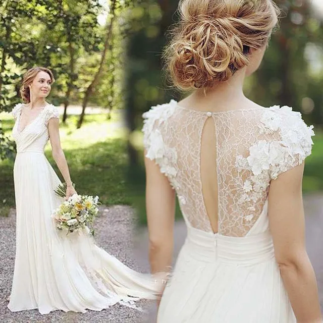 16751 Nouveau à La Mode à Manches Courtes Bohème Mousseline De Soie Robe De Mariage De Plage 2016 Avec Fleurs Illusion Retour Sexy V Cou Robes De