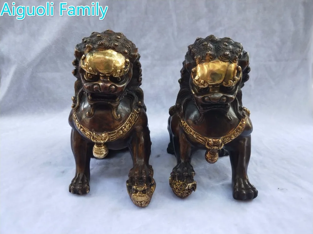 

Home Decoration Metal Crafts Lion Sculpture/Art Collection 1 Pair Chinese Old Bronze Gilt Big Fu Foo Dog Statue High 20CM!!!