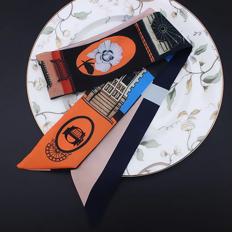 Letters Print Twill Silk Scarf Women Luxury Designer Fashion Handbag Bow Ribbons Hair Headband Summer Female Small Head Scarves