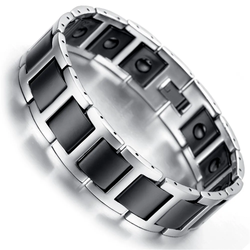 Mens Tungsten Bracelet, Black, Silver, Heavy, 8.8" KB2304in Charm