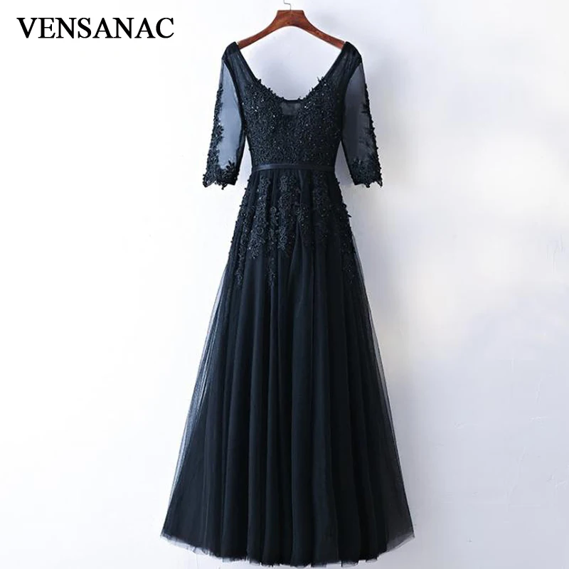 VENSANAC 2018 Sequined V Neck Lace Appliques A Line Long Evening Dresses Party Half Sleeve Pearls Sash Backless Prom Gowns VENSANAC 2018 Sequined V Neck Lace Appliques A Line Long Evening Dresses Party Half Sleeve Pearls Sash Backless Prom Gowns