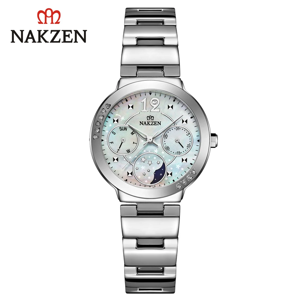 Бренд NAKZEN moon phase женские часы вишневый цвет циферблат японский движение двойной