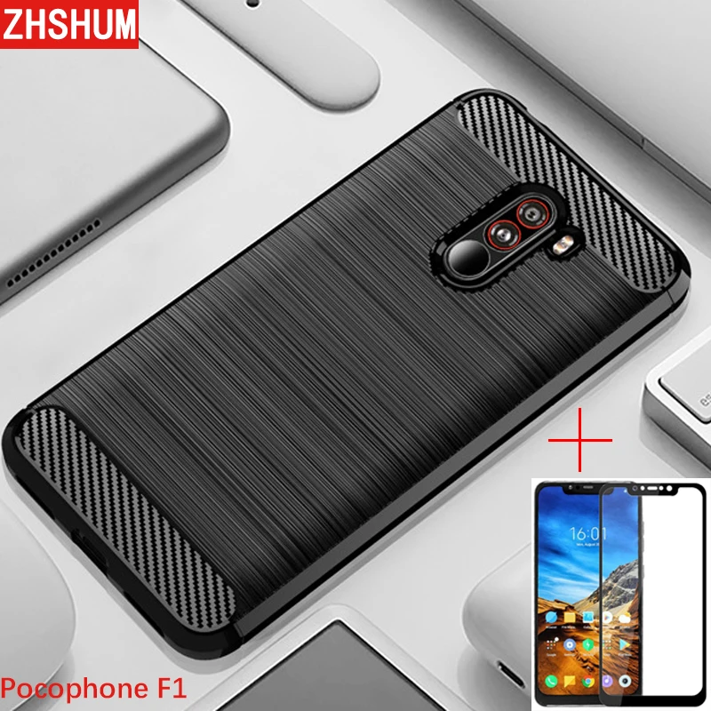 

Xiaomi Pocophone F1 Poco Soft Silicone Bumper Carbon Fiber Case Tempered Glass 360 Full Back Cover for Poco Phone F1 F 1 Funda