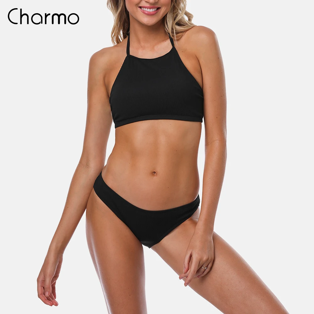 Женский комплект бикини Charmo купальник с воротником и лямкой на шее однотонный