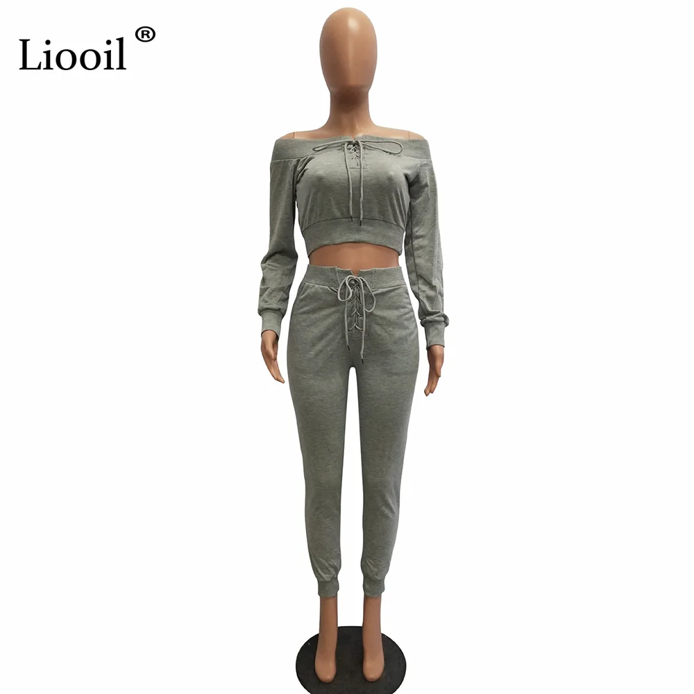 Liooil Off Shoulder 2pcs Active Set Women Outfits Sweatshirt Long Sleeve Crop Top And Pants Lace-Up Track Suits Woman Sets