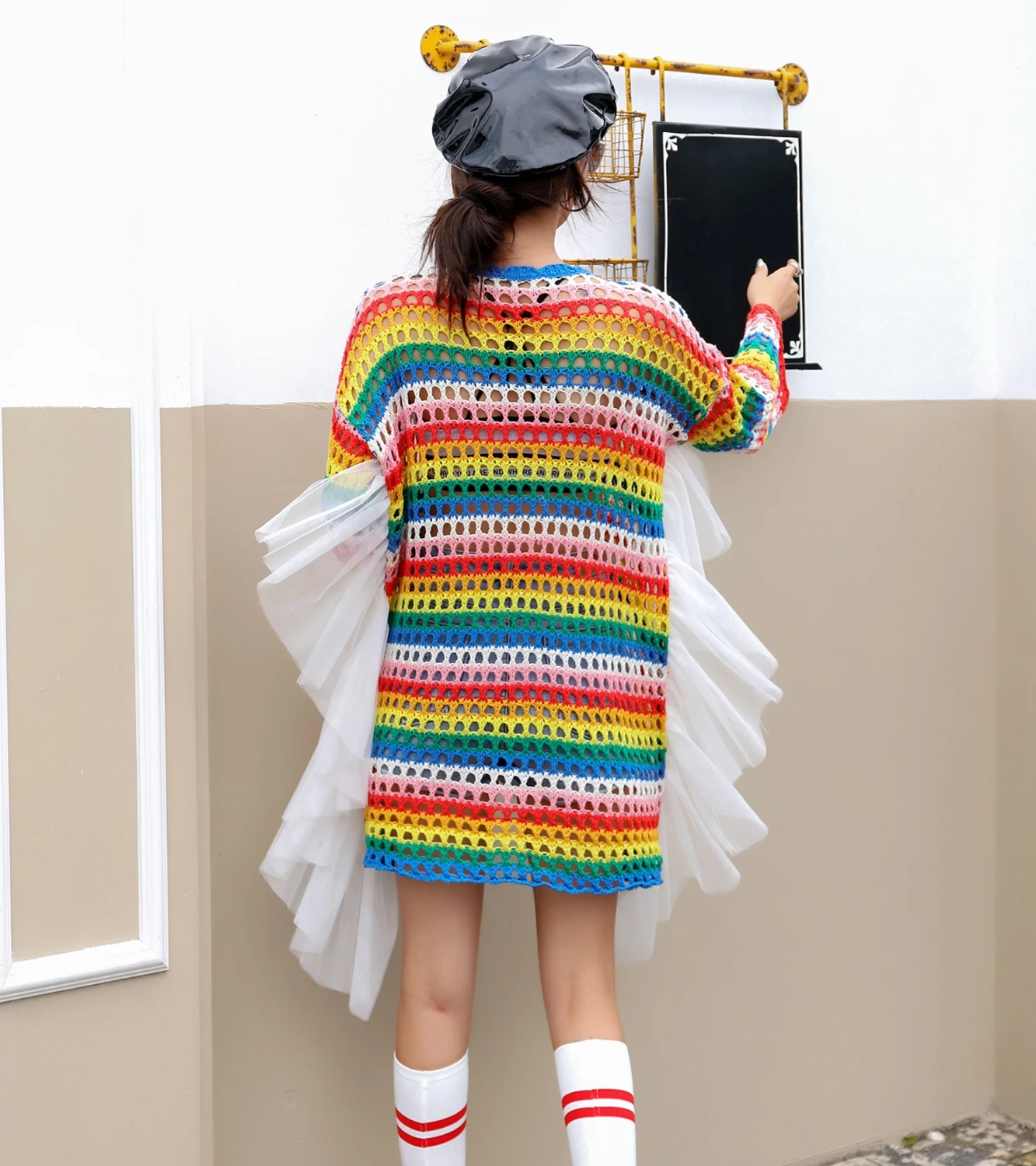Chao/бренд года, Осенний вязаный свитер с длинными рукавами и рисунком кролика из мультфильма, длинный свитер с дырками, женский свободный сетчатый свитер
