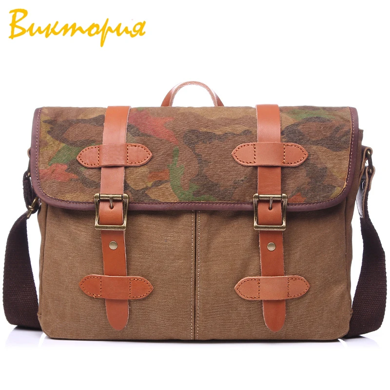 

CHARA'S brand Retro Briefcases men's High quality canvas Multi-pocket Leather belt Carry On Travel bag Business Men Shoulder bag