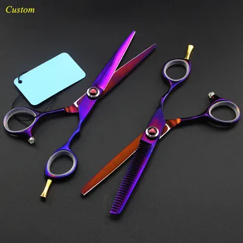 

Custom japan 440c 6 inch voilet gem hair cutting scissors barber makas thinning shears haircut scissor hairdressing scissors set