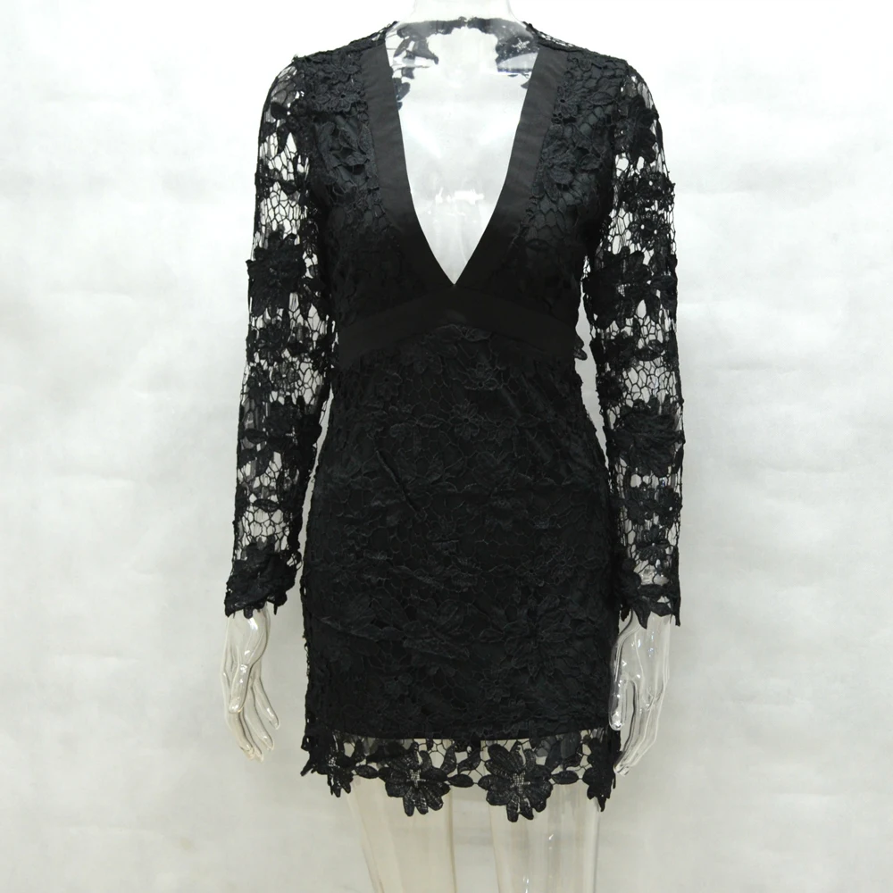 Black Pink Backless Deep V neck Sexy Lace Dress 2016 New Fashion Embroidery Hollow Out Long Sleeve Elegant Women Party Dresses Black Pink Backless Deep V neck Sexy Lace Dress 2016 New Fashion Embroidery Hollow Out Long Sleeve Elegant Women Party Dresses