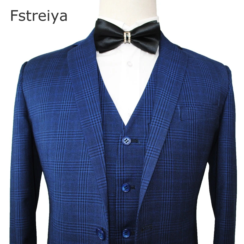 Customized men suit blue plaid groom suits tailored slim fit wedding suit with pants costume homme 3 pieces (jacket+pants+vest)