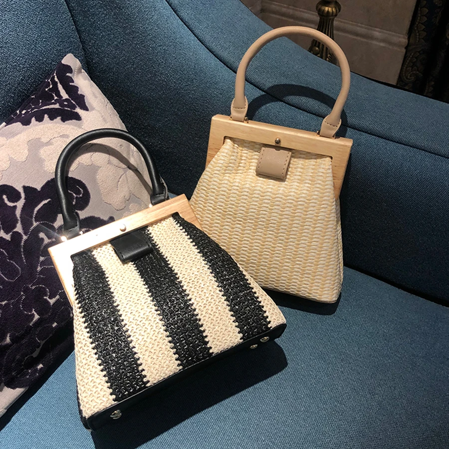 

Straw Bag 2019 Fashion Wooden Clip Women Shoulder Bag Summer Travel Beach Bags Top-handle Handbags Women Bags Designer Stripe