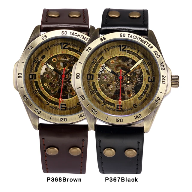 Watch Men Mechanical Automatic Watch Steampunk Skeleton Self Winding Mens Watches Retro Leather Wristwatch Clock montre homme -