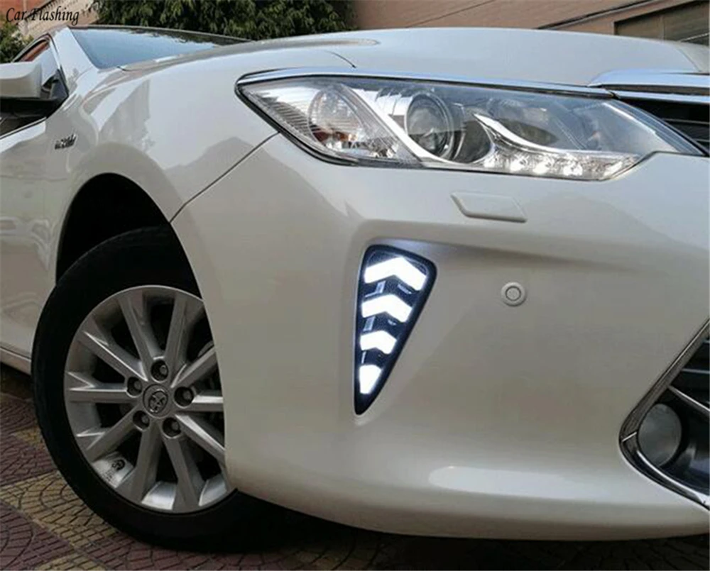 

CSGJMY 1Set LED DRL Daytime Running Light Daylight For Toyota Camry 2015 2016 2017 Fog Light Cover With Turn Yellow Signal