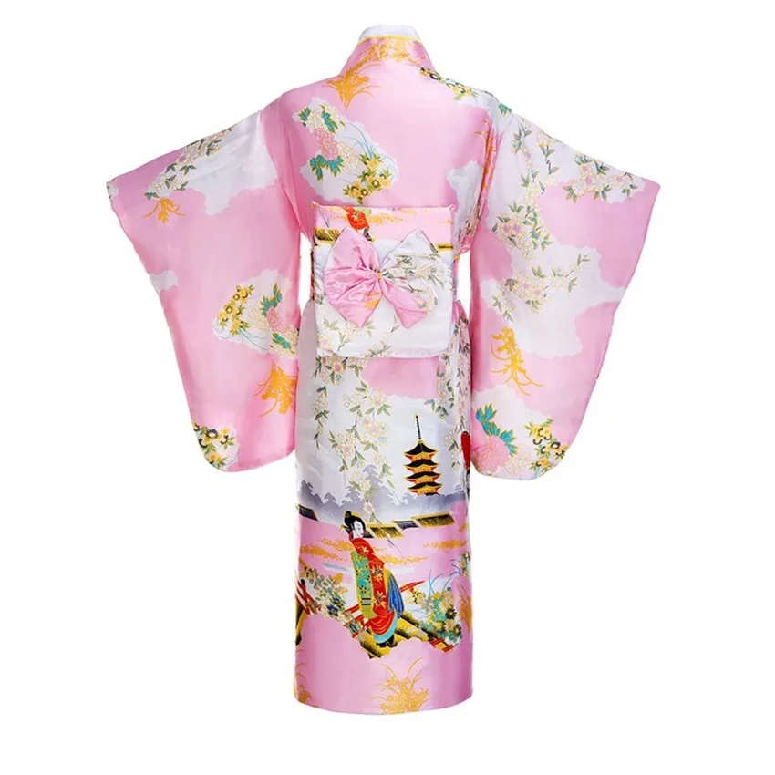 Pink Woman Lady Japanese Tradition Yukata Kimono With Obi Flower Vintage Evening Dress Cosplay Costume One size ZW03