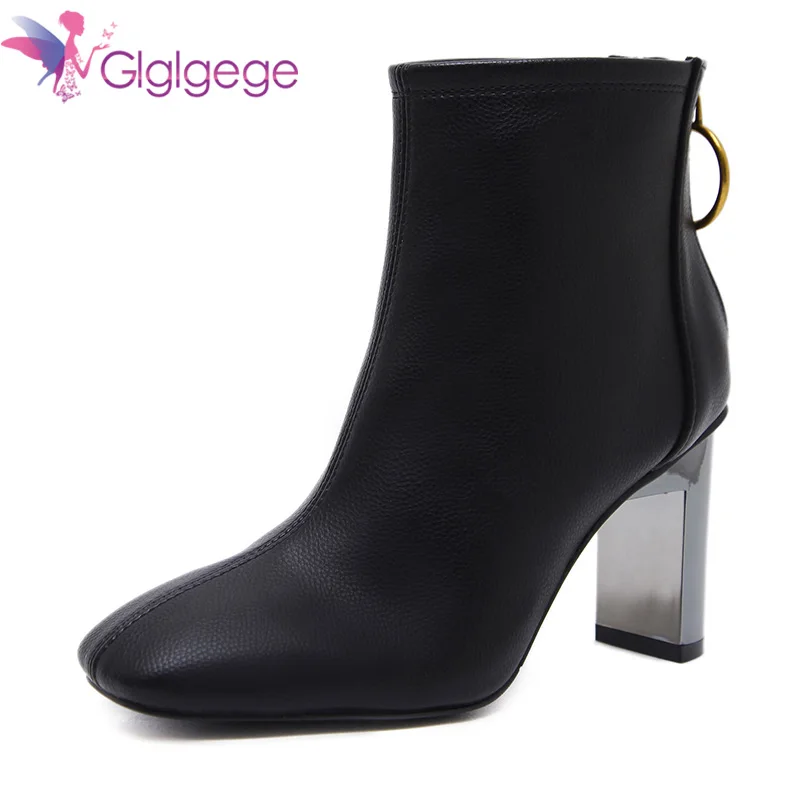 

Glglgege 2018 Women Ankle Strap Thick Heel Women Shoes Square Toe High Heels Dress Work Boots Genuine Leather Ladies Shoes