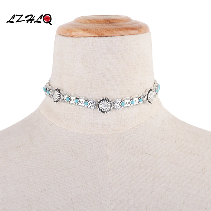LZHLQ ретро текстура сплава синтетический синий камень колье ожерелье дамы темперамент металлический воротник ключицы цепи колье Femme