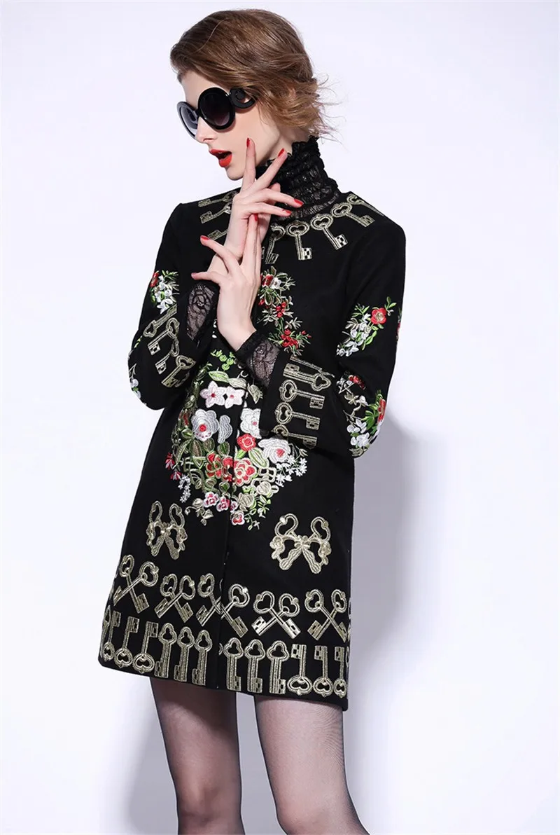 Женское пальто с цветочной вышивкой, Осень-зима, рукав три четверти, ключи, черное, красное, шерстяное пальто, английский стиль, элегантное