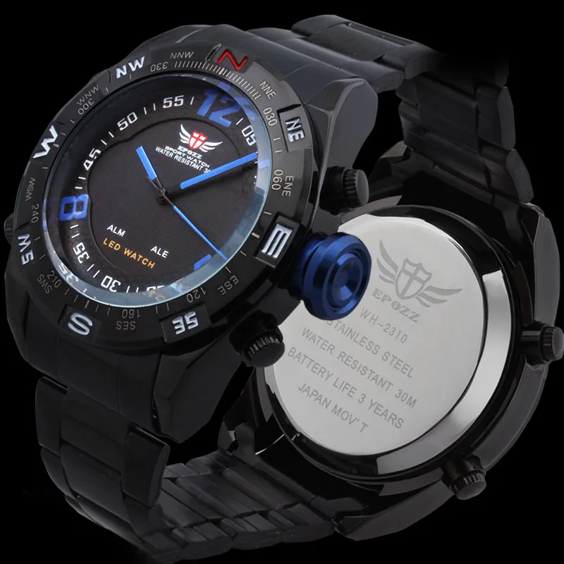 EPOZZ полностью черные аналоговые и светодиодный цифровые часы мужские часы с ремешком из нержавеющей стали часы лучший бренд класса люкс relogio masculino