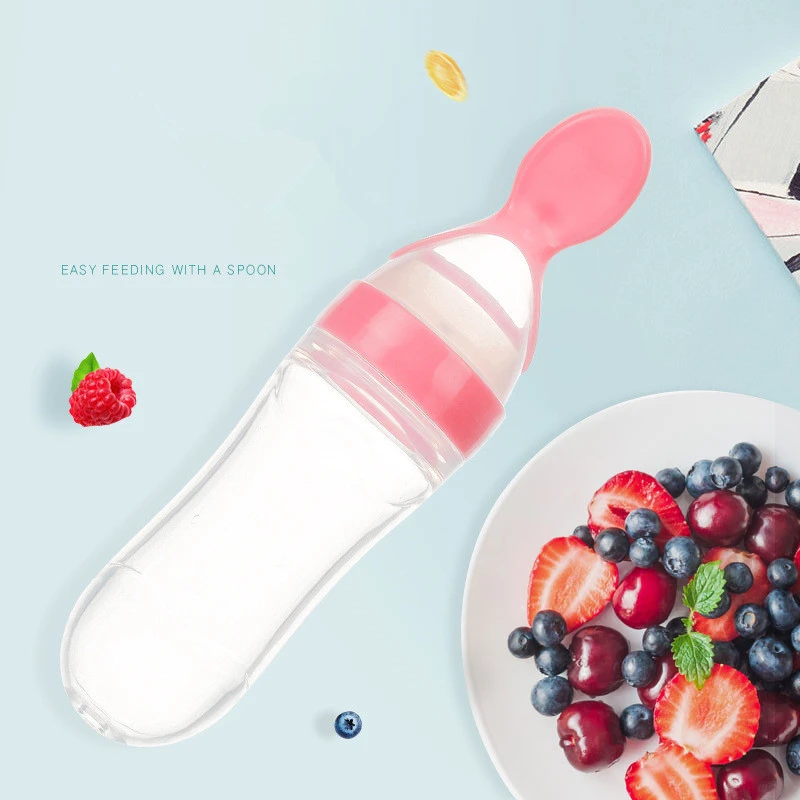 

90ML Baby Feeding Bottle with Tongue Pressing Type Lip Mouth Spoon Infant Training Milk Rice Paste Squeeze Feeder Tableware