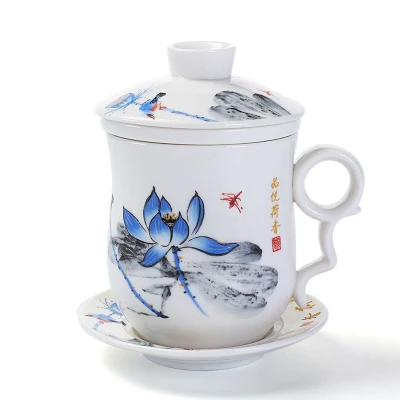 

Blue and White Porcelain Ceramic Office Tea Cup With Lid Filter Individual Mugs and Saucers