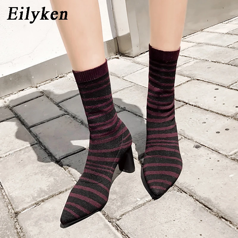 

Eilyken Fashion Ankle Elastic stripe Sock Boots High Heels Stretch Women Square heel Sexy Chelsea Boots Pointed Toe Women Pumps