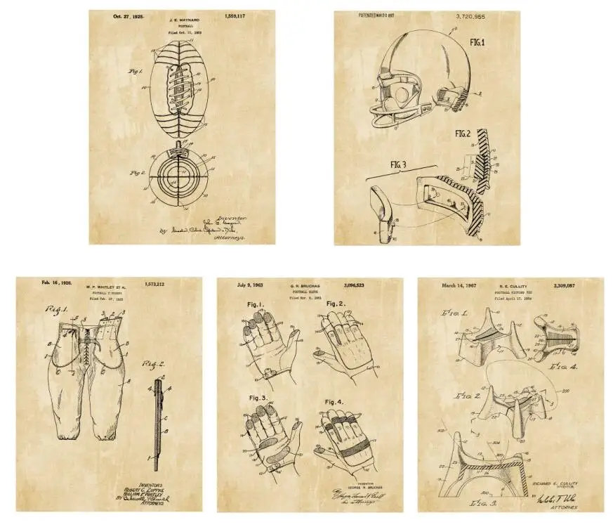 Винтажное Лакированное искусство для американского футбола и регби шлем брюки ногами тройник перчатки Броня плакат 5 в 1 для стены рамки - Цвет: parchment