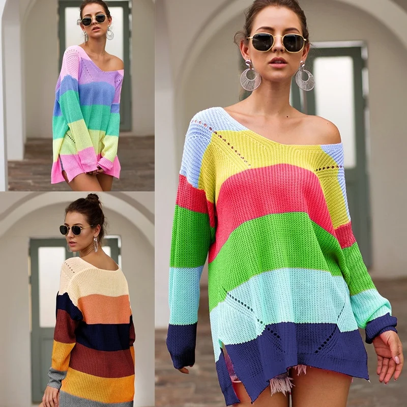 

Autumn Women's Sexy Loose Stripe Long Sleeve Sweater Knit Pullover Casual Thin Sweater Hollow Colorful Sweater Sweater wanita