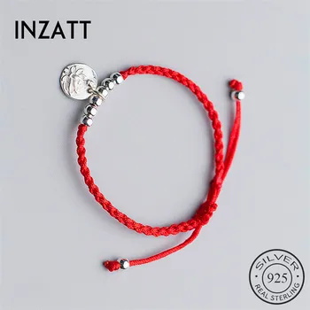 

INZATT Authentic 925 Sterling Silver Ethnic Red Rope Beads Disc Lotus Flower Bracelet Fine Jewelry For Women Cute Accessories