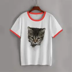 Новый хлопчатобумажная женская футболка 100% 3D кошка край рукава стиль принт короткий рукав топ и футболка модная повседневная унисекс
