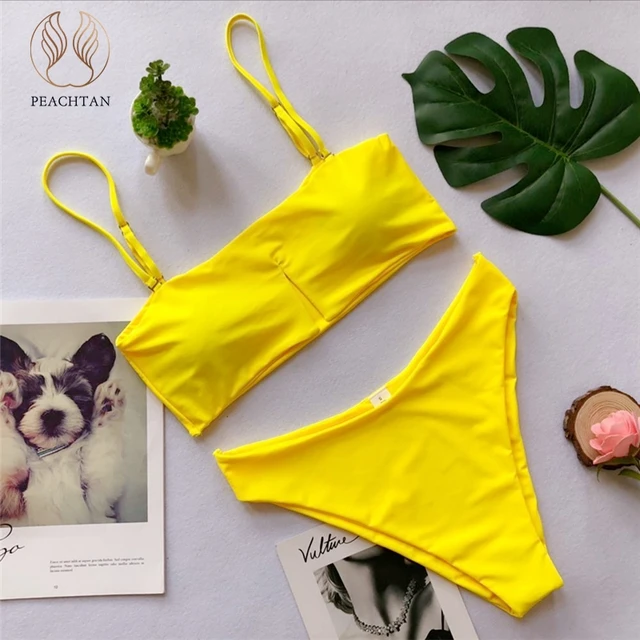 Peachtan Yellow High cut bikini 2019 String sexy swimsuit female Push up swimwear women Bandeau bathing suit Brazilian bikini